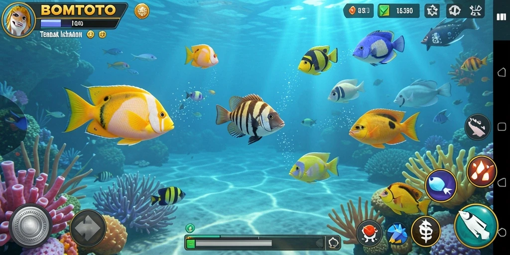 Screenshot utama menunjukkan aksi seru menembak ikan di BOMTOTO.