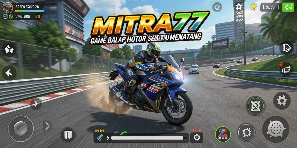 Screenshot gameplay MITRA77 menunjukkan balapan motor yang seru dan menegangkan.