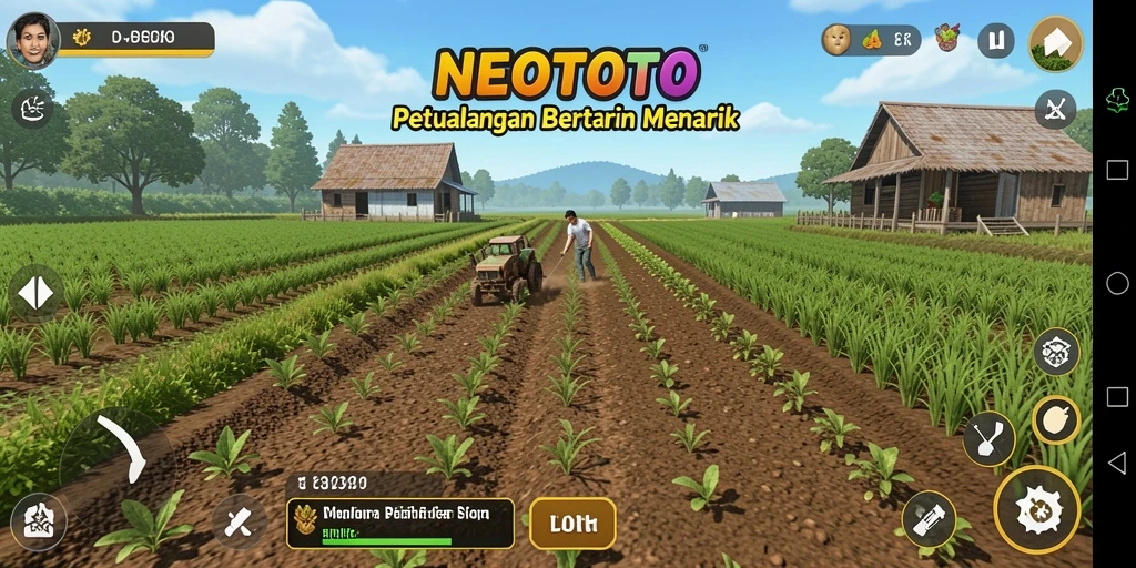 Tampilan gameplay NEOTOTO yang menampilkan aktivitas bertani.