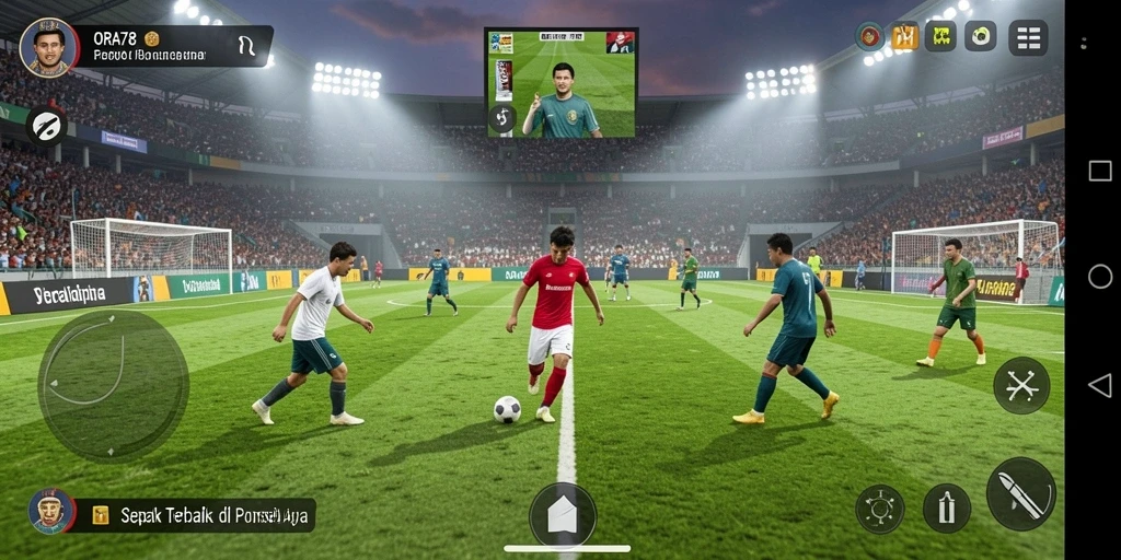 Screenshot gameplay ORA78 dengan aksi sepak bola seru.