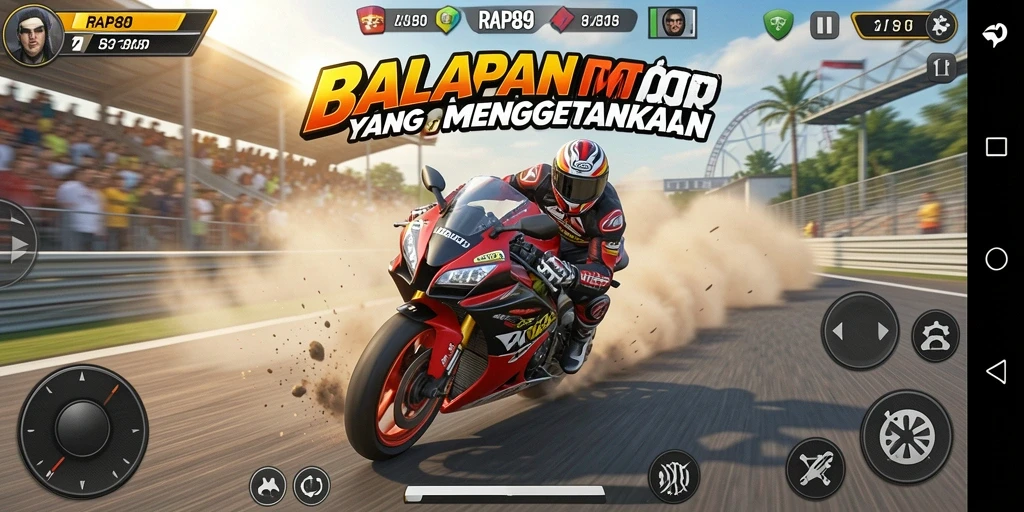 Tampilan gameplay seru di RAP89 dengan balapan motor yang cepat.